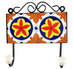 Ceramic Floral Tile Wall Hook in Orange