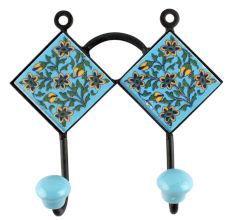 Ceramic Floral Tile Hook in Turquoise