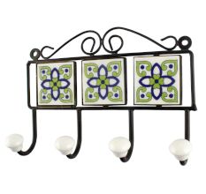 Pea Green Ceramic Floral Tile Wall Hook