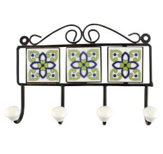 Pea Green Ceramic Floral Tile Wall Hook