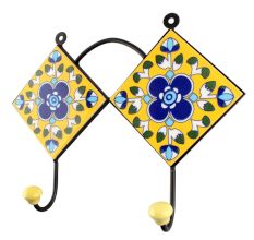 Navy Blue Floral Ceramic Tile Hook