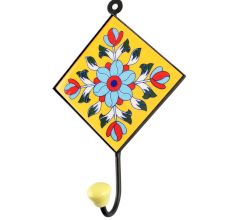 Yellow Base Turquoise Sunflower Ceramic Tile Hook 
