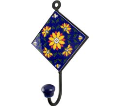 Navy Blue Sunflower Ceramic Tile Wall Hook