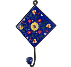 Navy Blue Ceramic Floral Tile Hook