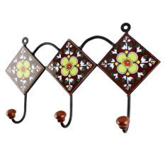 Ceramic Floral Tile Wall Hook in Dark Brown