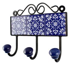 Navy Blue Leaf Ceramic Floral Tile Hook