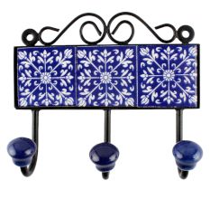 Navy Blue Leaf Ceramic Floral Tile Hook