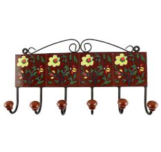 Ceramic Floral Tile Hook in Dark Brown