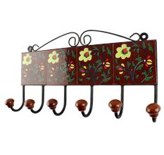 Ceramic Floral Tile Hook in Dark Brown