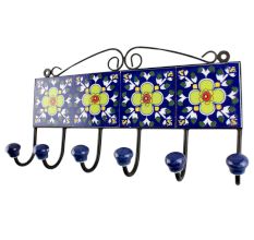 Ceramic Floral Tile Hook in Navy Blue