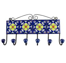 Ceramic Floral Tile Hook in Navy Blue
