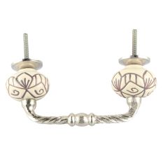 Cream Base Brown Etched Ceramic Floral Cut Bridge Handle