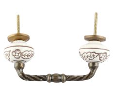 White Base Brown Leaf Flower Etched Ceramic Cut Bridge Handle