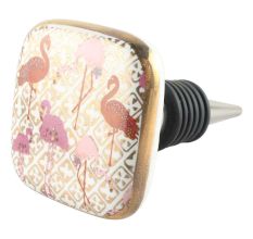 Baby Pink With Red Flamingo Square Ceramic Wine Stopper