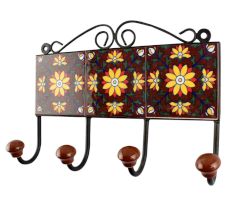 Dark Brown With Yellow Sunflower Ceramic Tile Hook