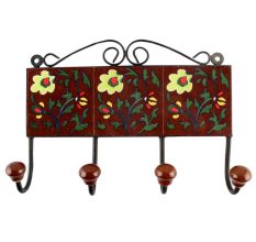 Dark Brown With Forest Green Leaf Ceramic Tile Hook