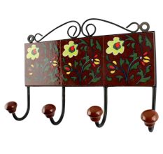 Dark Brown With Forest Green Leaf Ceramic Tile Hook