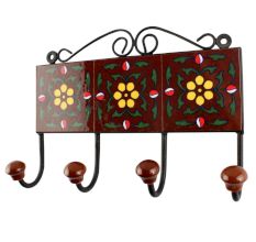 Tiny Flower Ceramic Tile Hook With Dark Brown
