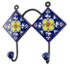 Navy Blue Floral Ceramic Tile Hook