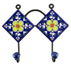 Navy Blue Floral Ceramic Tile Hook