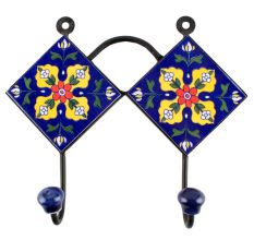 Navy Blue With Yellow Flower Ceramic Tile Wall Hook