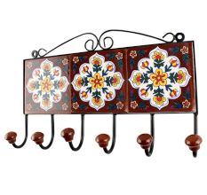 Dark Brown With White Floral Ceramic Tile Hook