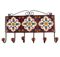 Dark Brown With White Floral Ceramic Tile Hook