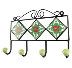 Ceramic Floral Tile Hook in Forest Green
