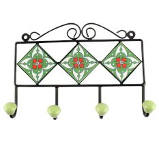 Ceramic Floral Tile Hook in Forest Green