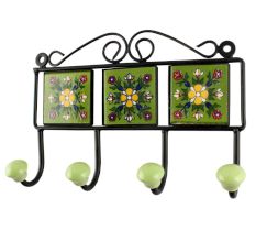 Ceramic Floral Tile Hook in Pea Green