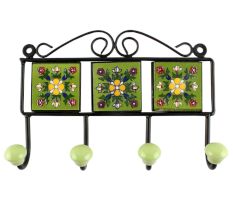 Ceramic Floral Tile Hook in Pea Green