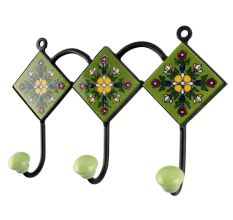 Ceramic Floral Tile Hook in Pea Green