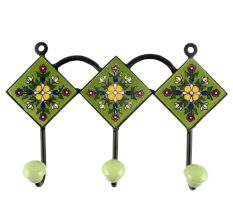 Ceramic Floral Tile Hook in Pea Green
