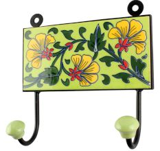Pea Green Floral Ceramic Tile Hook