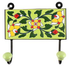 Pea Green With Forest Green Leaf Ceramic Tile Hook