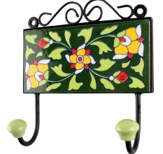 Forest Green Ceramic Floral Tile Hook