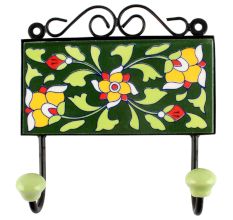 Forest Green Ceramic Floral Tile Hook