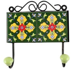 Forest Green Ceramic Floral Tile Hook