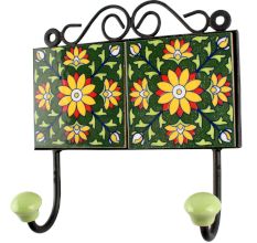 Sunflower Ceramic Tile Hook With Forest Green