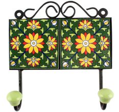 Sunflower Ceramic Tile Hook With Forest Green