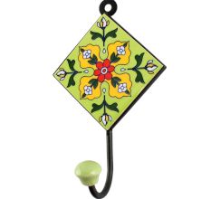 Ceramic Floral Tile Hook in Pea Green