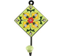 Ceramic Floral Tile Hook in Pea Green