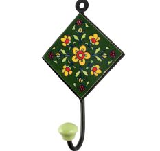 Ceramic Floral Tile Hook in Forest Green