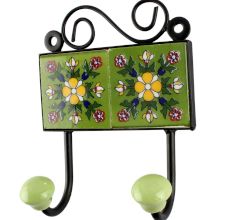 Ceramic Floral Tile Hook in Pea Green
