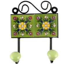 Ceramic Floral Tile Hook in Pea Green