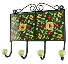 Forest Green Ceramic Floral Tile Wall Hook