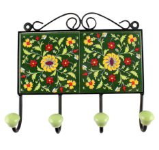 Forest Green Ceramic Floral Tile Wall Hook