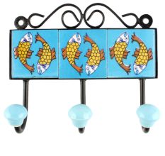 Turquoise Base Ceramic Floral Tile Hook in Yellow Fish 