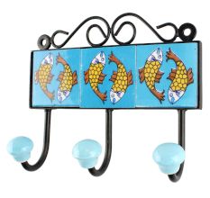 Turquoise Base Ceramic Floral Tile Hook in Yellow Fish 