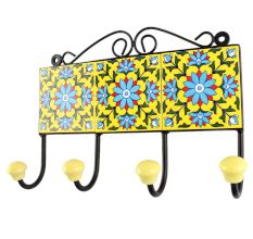 Yellow Base Turquoise Sunflower Ceramic Tile Hook